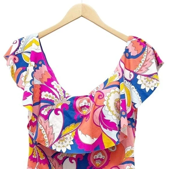 NWT Trina Turk Sevilla Ruffle One Piece Swimsuit Pink Blue Combo Women’s Size 14